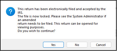 Message that shows when a return has been e-filed and accepted, but preparer security level is not sufficient to open and edit.